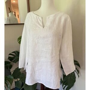 Tweeds 100% Linen Embroidered Blouse Women's XL White 3/4 Sleeve Side Zip Top